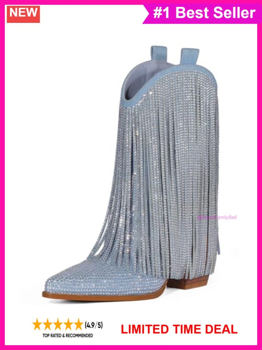 Rhinestone Fringe Western Cowboy Boots Pointed Toe Suede Mid Calf